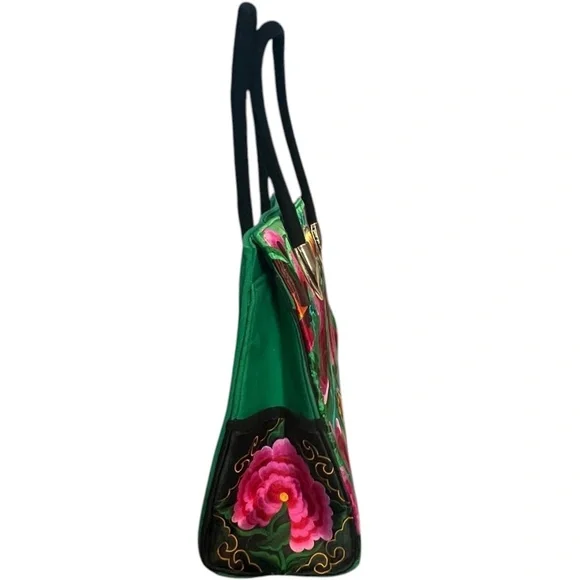 Handcrafted Floral Embroidered Shoulder Green Tote Bag – Unbranded, New - Picture 2 of 11